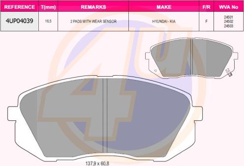 4U 4UP04039 - Kit de plaquettes de frein, frein à disque cwaw.fr