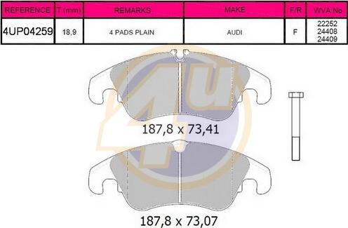 4U 4UP04259 - Kit de plaquettes de frein, frein à disque cwaw.fr