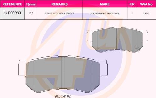 4U 4UP03993 - Kit de plaquettes de frein, frein à disque cwaw.fr