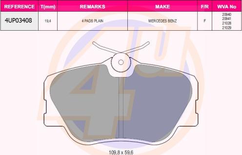 4U 4UP03408 - Kit de plaquettes de frein, frein à disque cwaw.fr