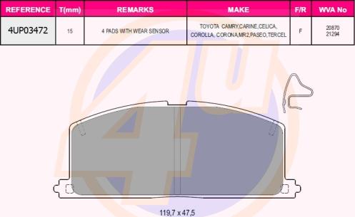 4U 4UP03472 - Kit de plaquettes de frein, frein à disque cwaw.fr