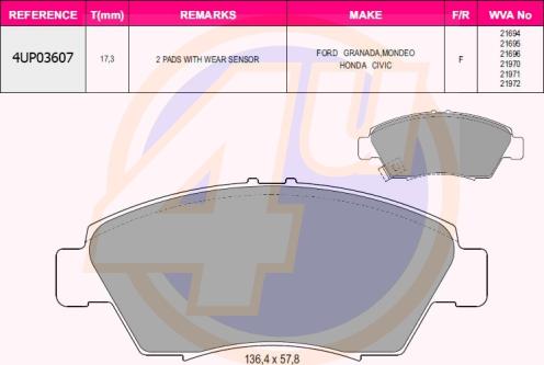 4U 4UP03607 - Kit de plaquettes de frein, frein à disque cwaw.fr