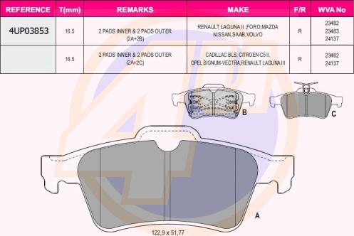 4U 4UP03853 - Kit de plaquettes de frein, frein à disque cwaw.fr