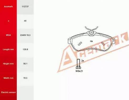 Acemark 112737 - Kit de plaquettes de frein, frein à disque cwaw.fr