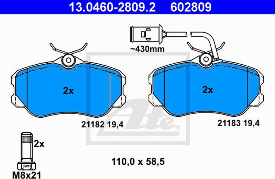 ATE 602809 - Kit de plaquettes de frein, frein à disque cwaw.fr