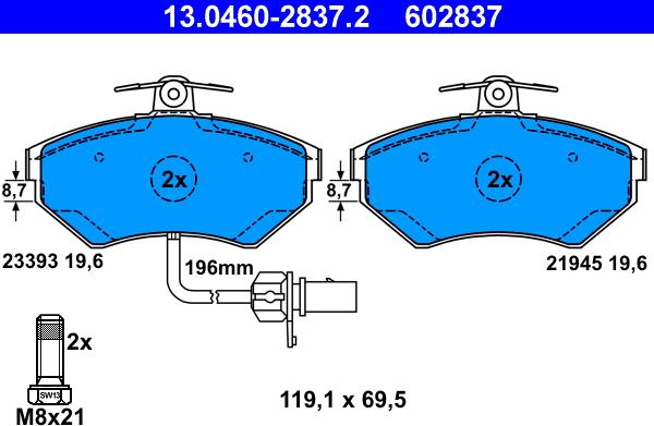 ATE 13.0460-2837.2 - Kit de plaquettes de frein, frein à disque cwaw.fr