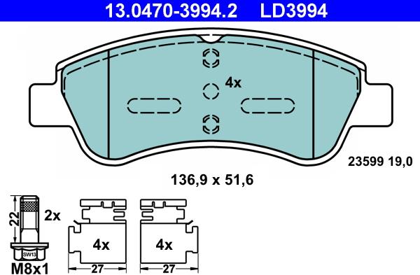 ATE 13.0470-3994.2 - Kit de plaquettes de frein, frein à disque cwaw.fr