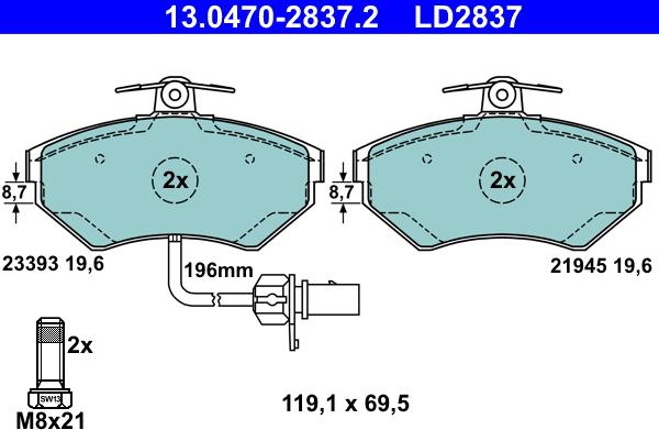 ATE 13.0470-2837.2 - Kit de plaquettes de frein, frein à disque cwaw.fr