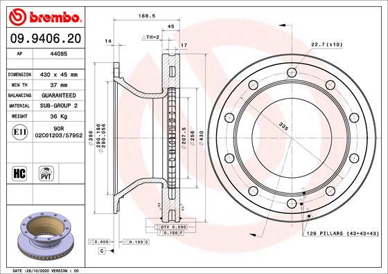 Brembo 09.9406.20 - Disque de frein cwaw.fr