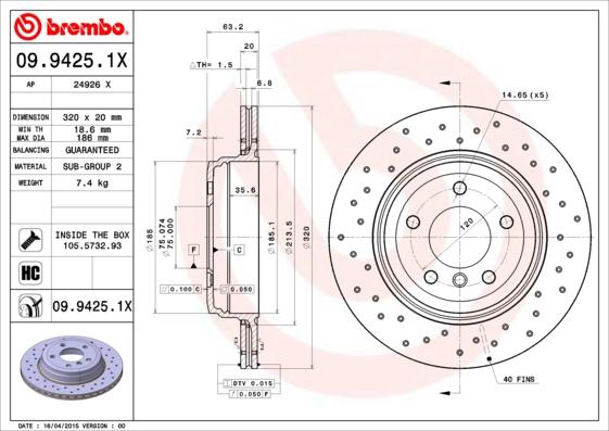 Brembo 09.9425.1X - Disque de frein cwaw.fr