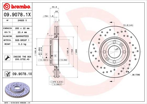 Brembo 09.9078.1X - Disque de frein cwaw.fr