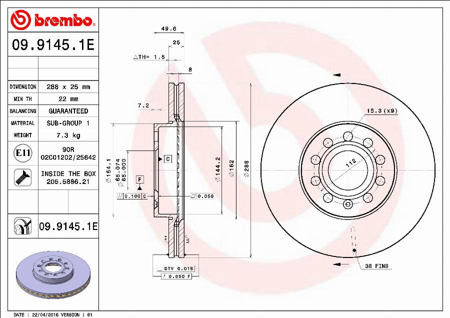 Brembo 09.9145.1E - Disque de frein cwaw.fr