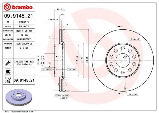 Brembo 09.9145.21 - Disque de frein cwaw.fr