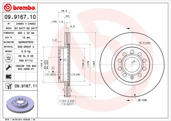 Brembo 09.9167.10 - Disque de frein cwaw.fr