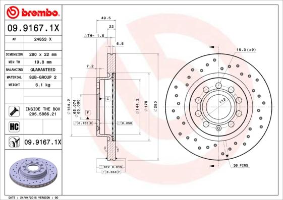 Brembo 09.9167.1X - Disque de frein cwaw.fr