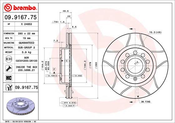 Brembo 09.9167.75 - Disque de frein cwaw.fr