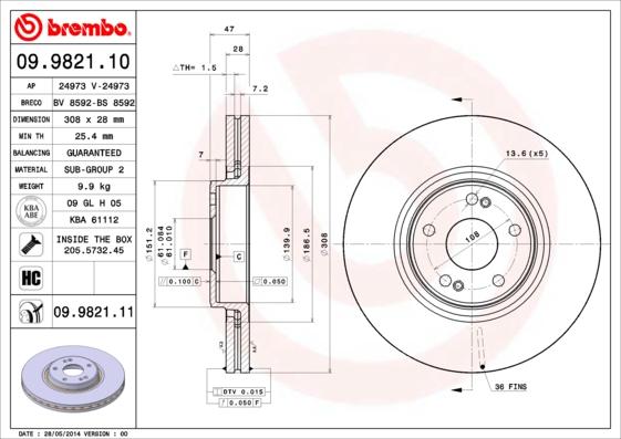 Brembo 09.9821.10 - Disque de frein cwaw.fr