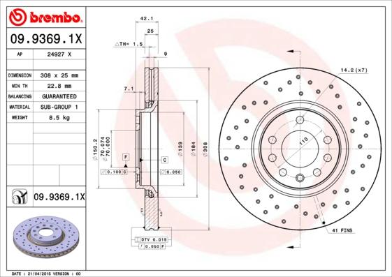 Brembo 09.9369.1X - Disque de frein cwaw.fr