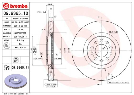 Brembo 09.9365.11 - Disque de frein cwaw.fr