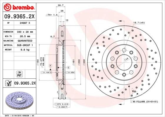 Brembo 09.9365.2X - Disque de frein cwaw.fr