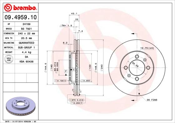 Brembo 09.4959.10 - Disque de frein cwaw.fr