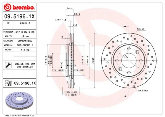 Brembo 09.5196.1X - Disque de frein cwaw.fr