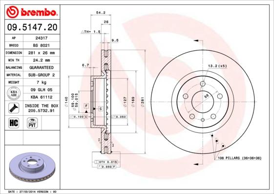 Brembo 09.5147.20 - Disque de frein cwaw.fr