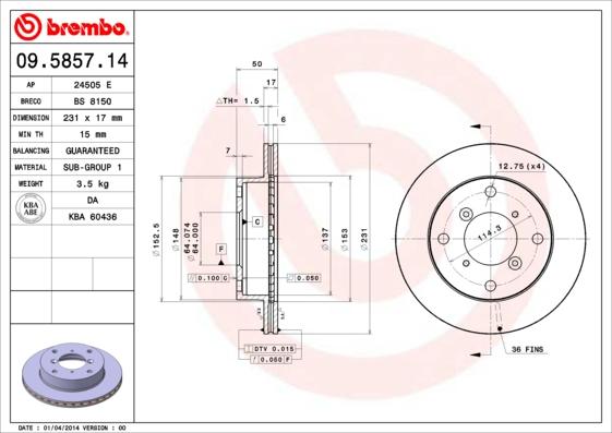 Brembo 09.5857.14 - Disque de frein cwaw.fr