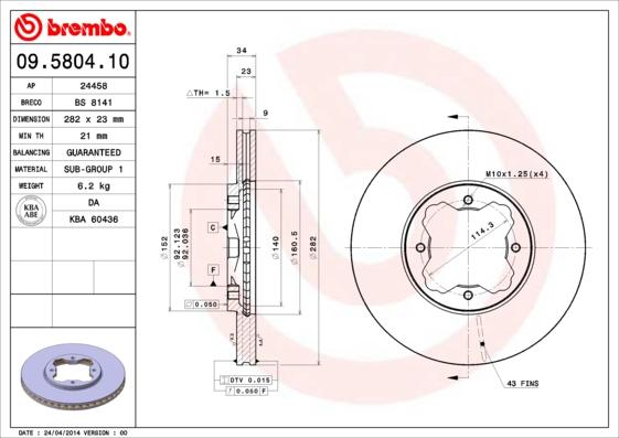 Brembo 09.5804.10 - Disque de frein cwaw.fr