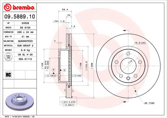 Brembo 09.5889.10 - Disque de frein cwaw.fr