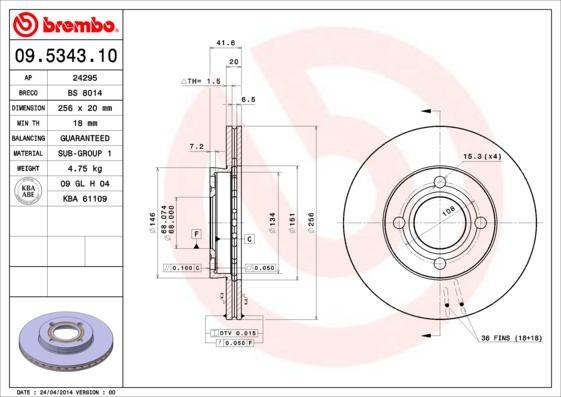 Brembo 09.5343.10 - Disque de frein cwaw.fr