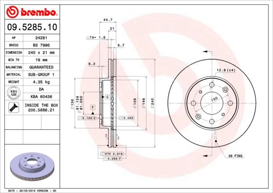 Brembo 09.5285.10 - Disque de frein cwaw.fr