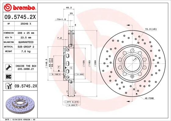 Brembo 09.5745.2X - Disque de frein cwaw.fr