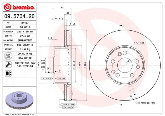 Brembo 09.5704.20 - Disque de frein cwaw.fr