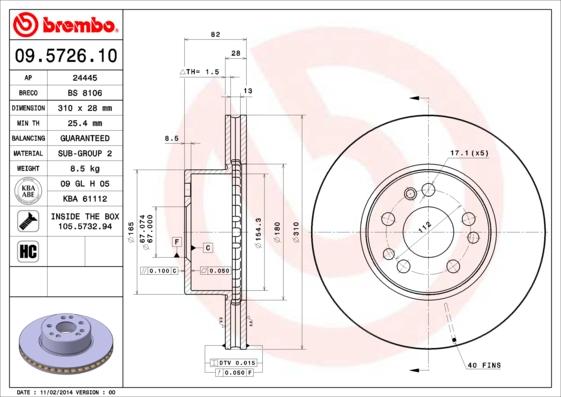 Brembo 09.5726.10 - Disque de frein cwaw.fr