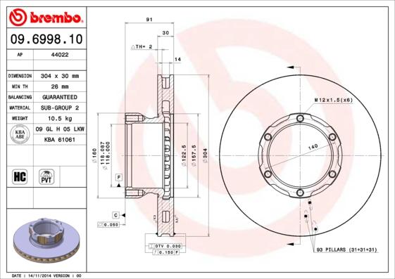 Brembo 09.6998.10 - Disque de frein cwaw.fr