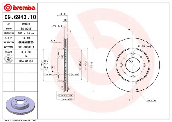 Brembo 09.6943.10 - Disque de frein cwaw.fr