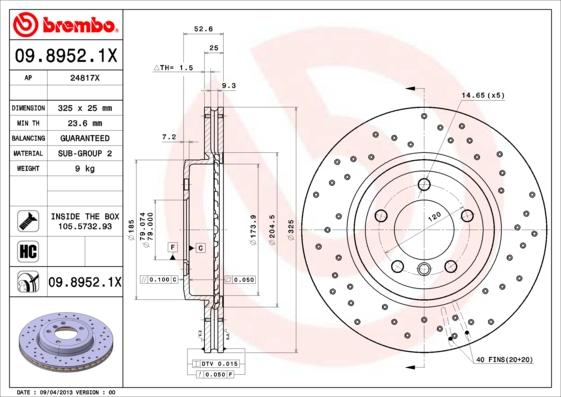 Brembo 09.8952.1X - Disque de frein cwaw.fr