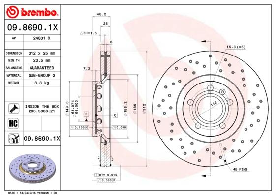 Brembo 09.8690.1X - Disque de frein cwaw.fr