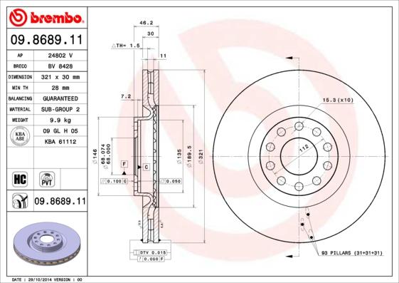 Brembo 09.8689.11 - Disque de frein cwaw.fr