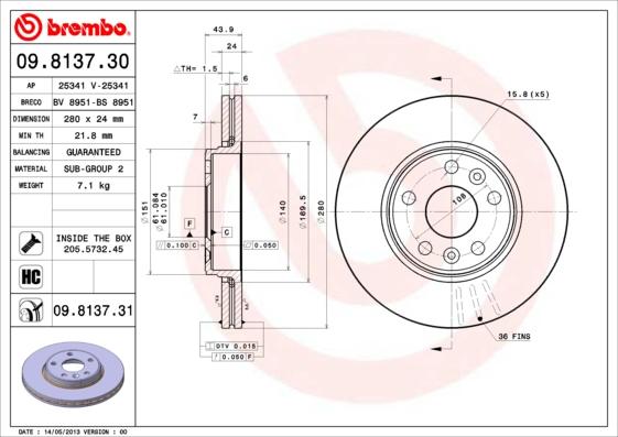 Brembo 09.8137.30 - Disque de frein cwaw.fr