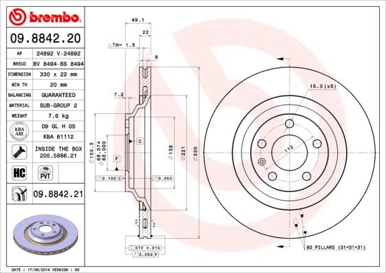 Brembo 09.8842.20 - Disque de frein cwaw.fr