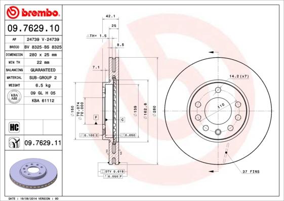 Brembo 09.7629.10 - Disque de frein cwaw.fr