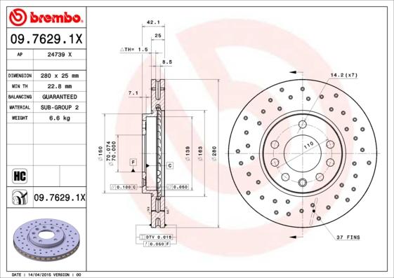 Brembo 09.7629.1X - Disque de frein cwaw.fr