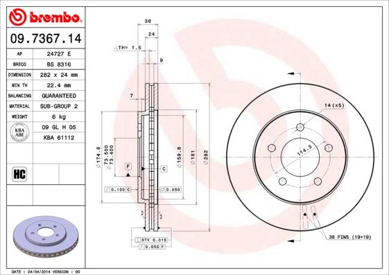 Brembo 09.7367.14 - Disque de frein cwaw.fr