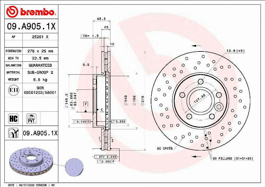 Brembo 09.A905.1X - Disque de frein cwaw.fr