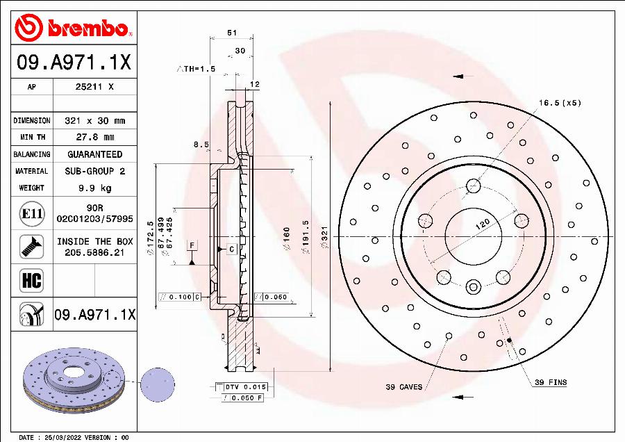 Brembo 09.A971.1X - Disque de frein cwaw.fr