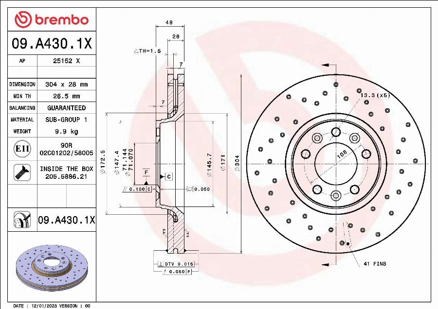 Brembo 09.A430.1X - Disque de frein cwaw.fr