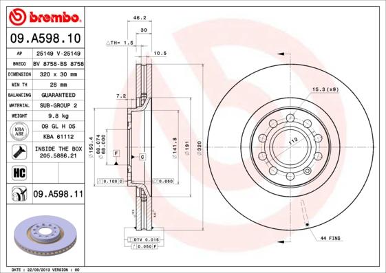 Brembo 09.A598.10 - Disque de frein cwaw.fr