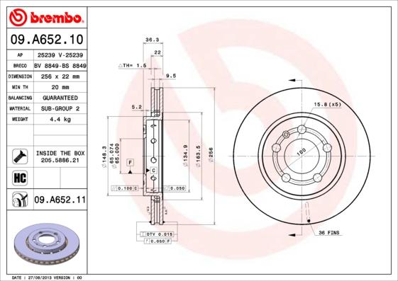 Brembo 09.A652.10 - Disque de frein cwaw.fr